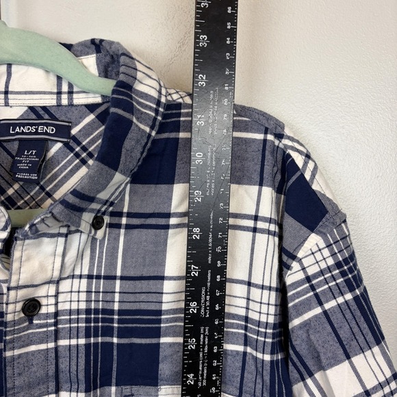 Lands End Shirt Mens Large Tall Blue White Plaid Button Front Flannel Casual - Picture 7 of 9